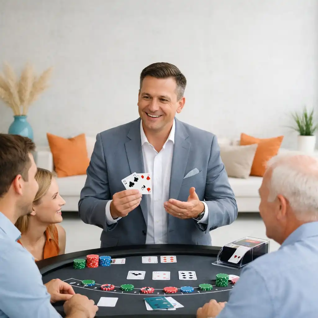 Rendezvényházigazda magyarázza a blackjack játékos szabályait egy vendégcsoportnak.